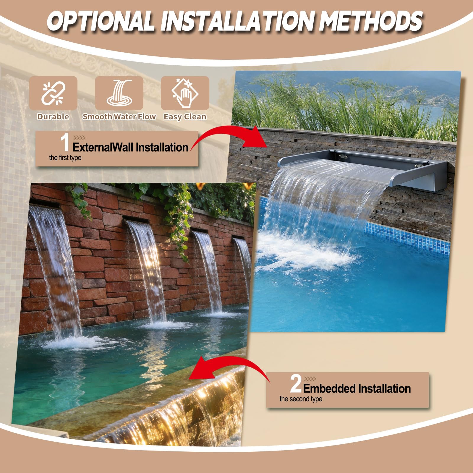 Troppopieno a cascata per esterni, troppopieno in acrilico, cascate di stagno koi per giardino, terrazza e piscina, 90 cm