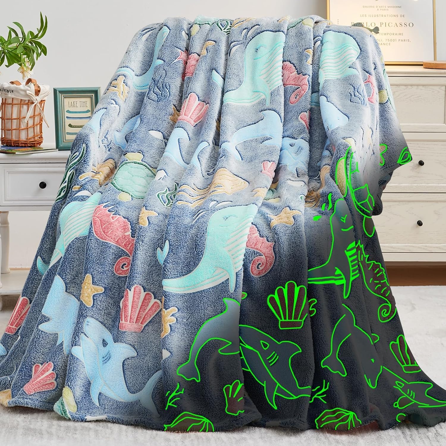 THESTORYBOX Glow in The Dark Blanket Kids-Teens Boys & Girls Light Blue | Ocean, Travel Lightweight Throw Blankets, Soft & Fluffy-picture-16