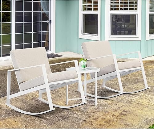 AQUILLA Juego de 3 mecedoras de patio para exteriores, muebles de exterior con marco de metal, mesa redonda de vidrio templado, cojines gruesos de