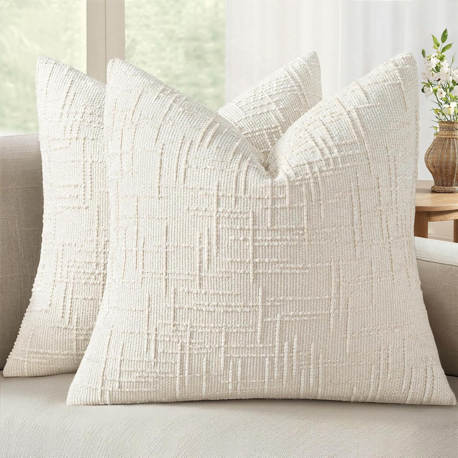 Photo 1 of MIULEE Textured Throw Pillow Covers Thick Chenille Decorative Pillows Cream White 16x16 Inch Set of 2 Modern Boho Farmhouse Home Decor Neutral Cushion Covers for Couch Sofa Living Room Bedroom