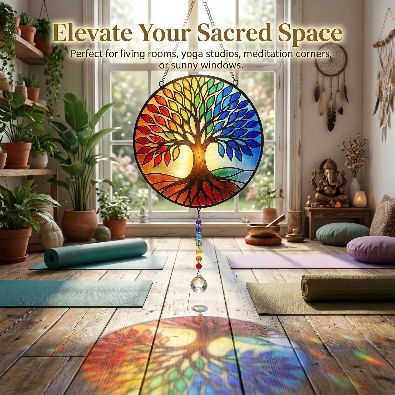 Stained Glass Suncatcher with Chakra Colors Crystals, Tree of Life Window Hanging Decor, Crystal Rainbow Maker for Home Garden, Healing Stone Wall Art, Unique Spiritual Gift for Women, Moms