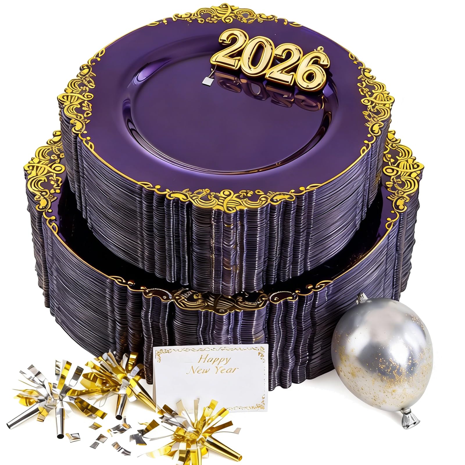 102PCS Purple and Gold Plastic Plates - High End Purple Disposable Plate - Vintage Party Dinner & Dessert Plates for 51 Guests Wedding & New Year Party