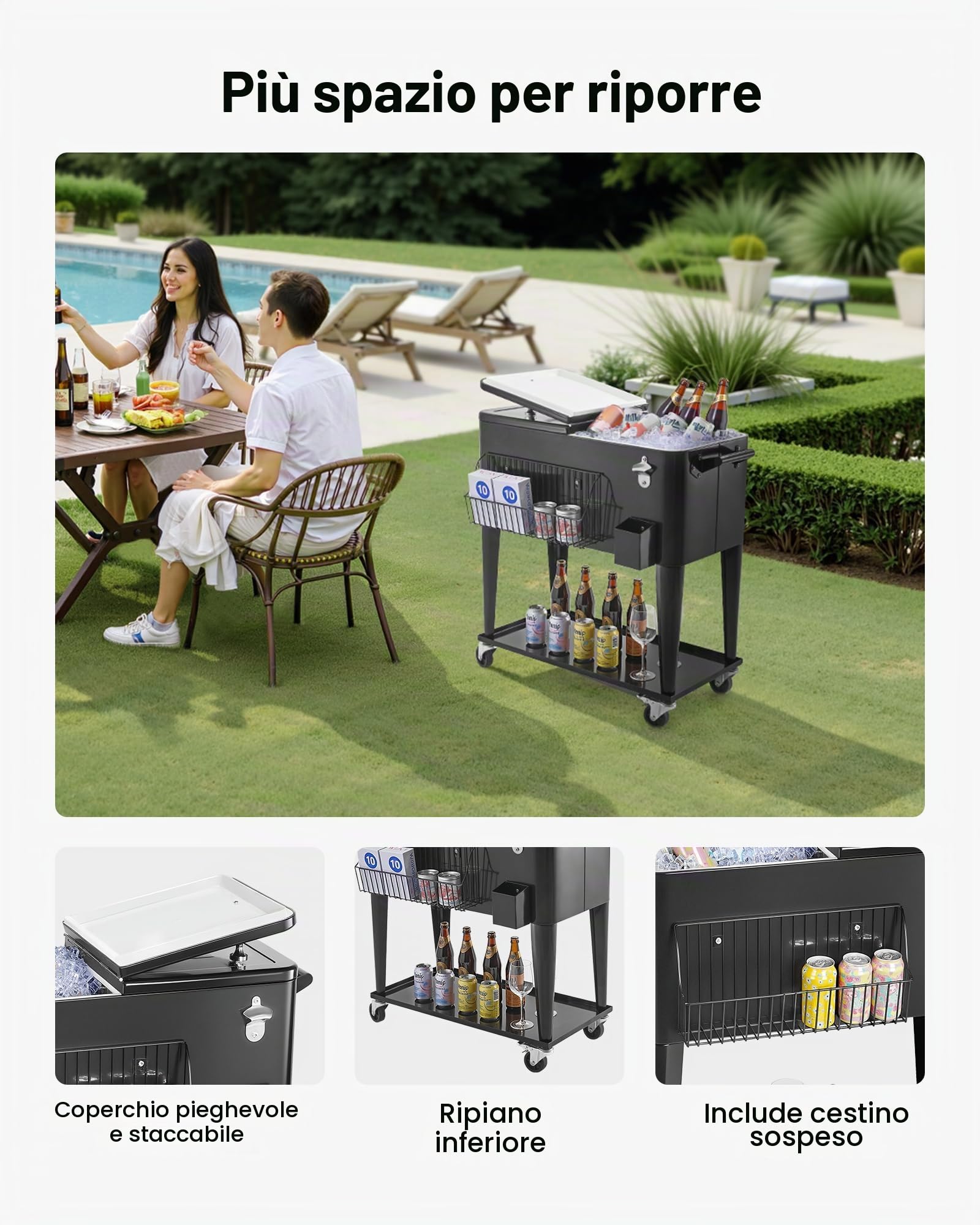 VEVOR Ghiacciaia Mobile da 75,71 L, Può Contenere Fino a 50 Bottiglie/110 Lattine, Carrello Portatile per Bevande da Bar per Feste, Contenitore per Bevande con Cestino Laterale e Apribottiglie, Nero