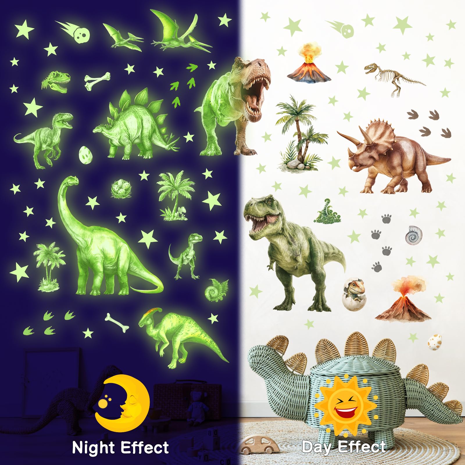 DECOWALL Adesivo da parete con dinosauro luminoso, grande T-Rex luminoso, triceratopo e vulcano, decorazione luminosa del cielo notturno, per cameretta dei bambini e sala giochi (GDS4-7004)