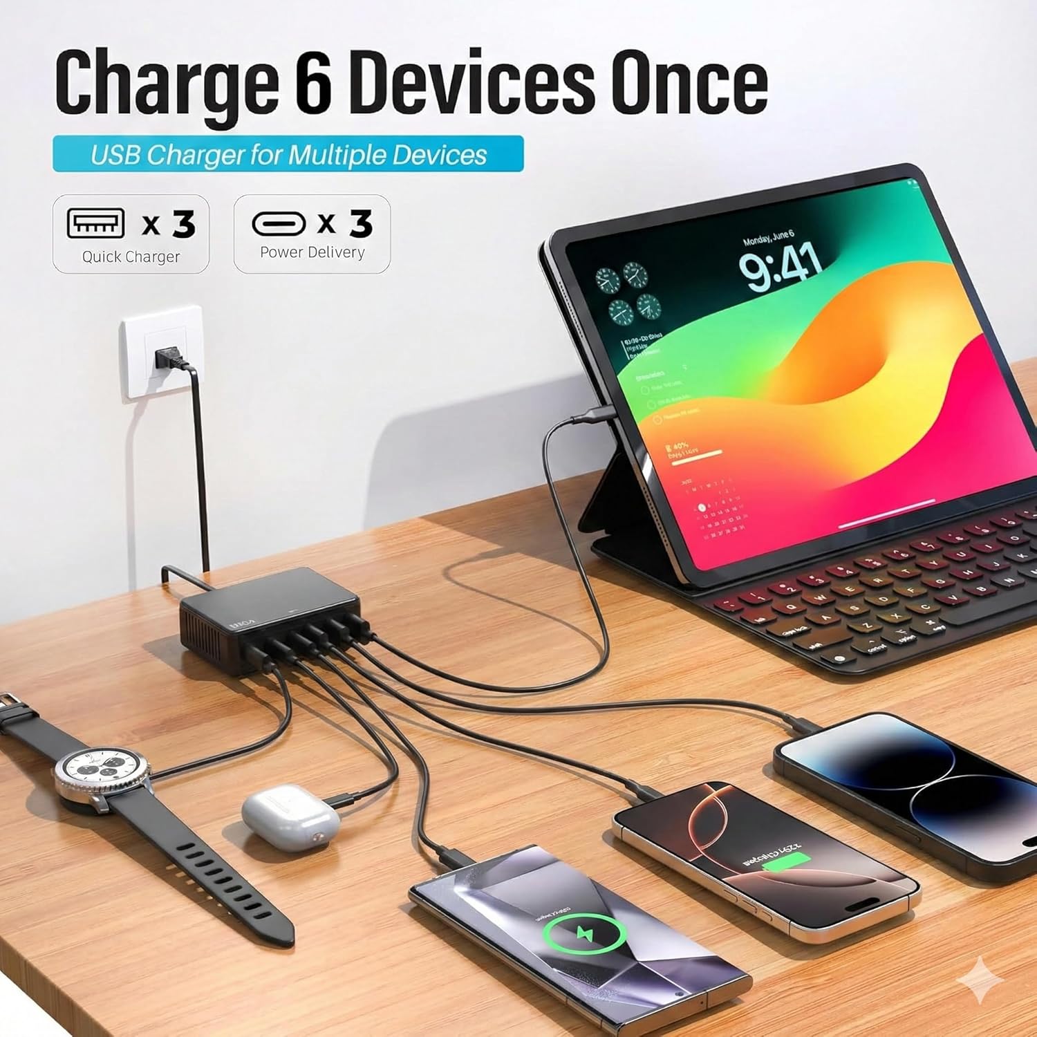 TT&C 100W USB-C Charging Station, 6-Port GaN III Desktop Hub (30W Max Per Port), Compatible with MacBook Air, iPad Pro, iPhone 17/16 & Samsung Galaxy - Black