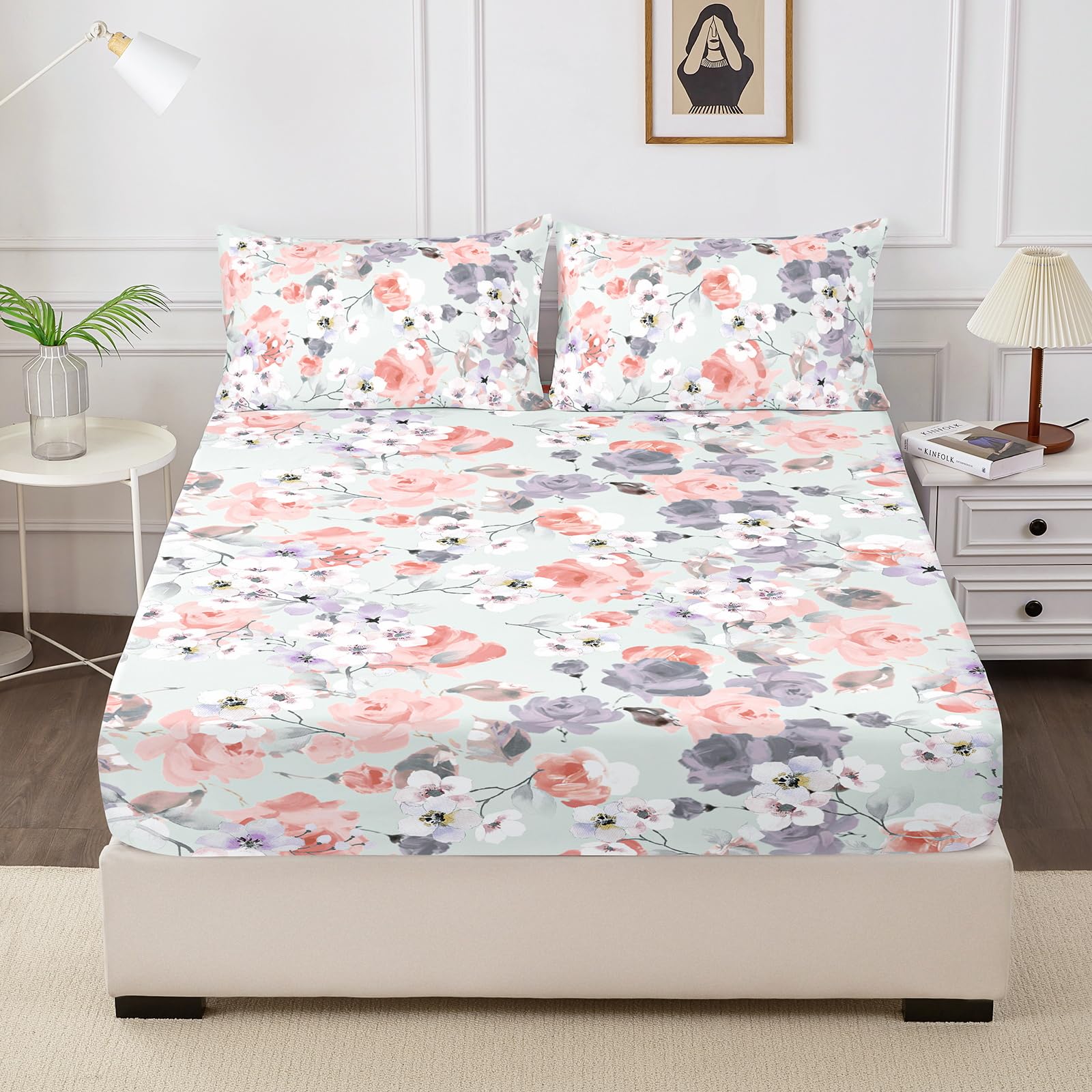 Queen Fitted Sheet and Pillowcase Set - 100% Brushed Microfiber Floral Fitted Sheet Deep Pocket Up to 16" - Ultra Soft, Shrinkage & Fade Resistant (Queen)