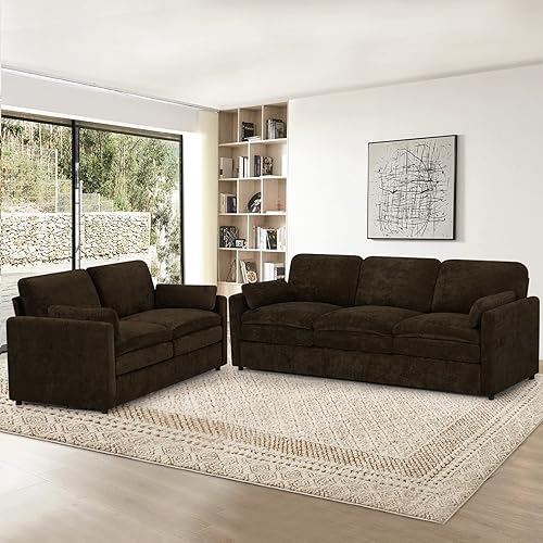 2 Pieces Chenille Sofa Set w/Throw Pillows, Upholstered Loveseat & 3 Seater Sofa w/Comfortable Back Cushions, Modern 2-Seat & 3-Seat w/High-Density Foam for Living Room, Apartment, Brown