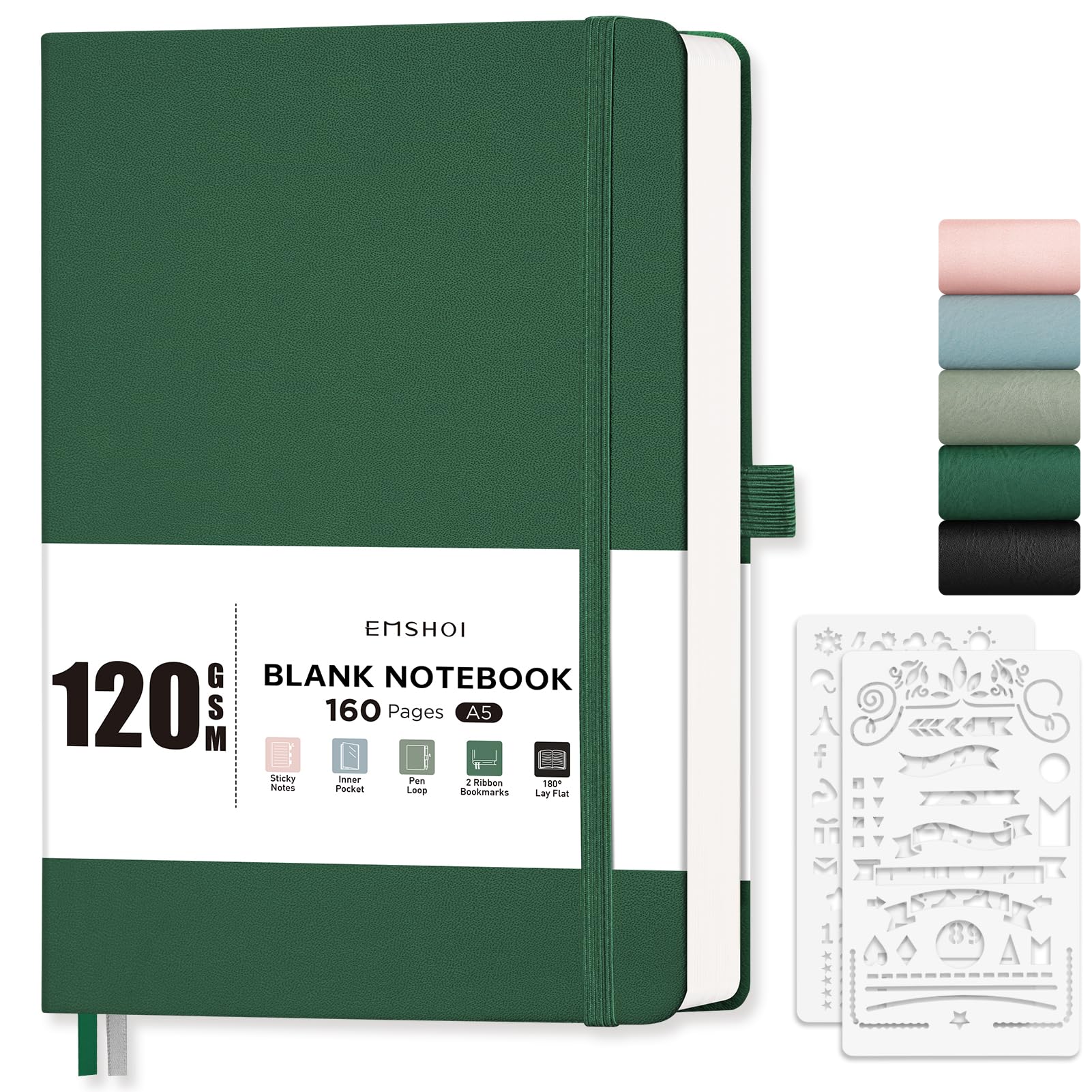 EMSHOI A5 Notebook Blank Journal, 120 GSM Hardcover Leather Sketch Book with Doodle Stencil, 160 Pages Unlined