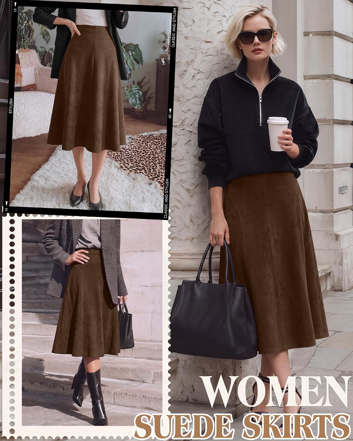 Ficerd Women's Suede Midi Skirt High Waist A Line Skirts