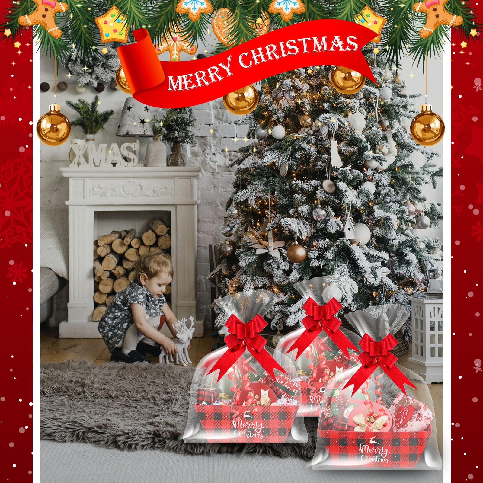Yeaqee Set di 36 cestini natalizi vuoti per regali, include 12 cestini natalizi a quadri di bufalo per regali da riempire, robusti cestini di cartone sfusi 12 sacchetti 12 fiocchi da tirare per Natale