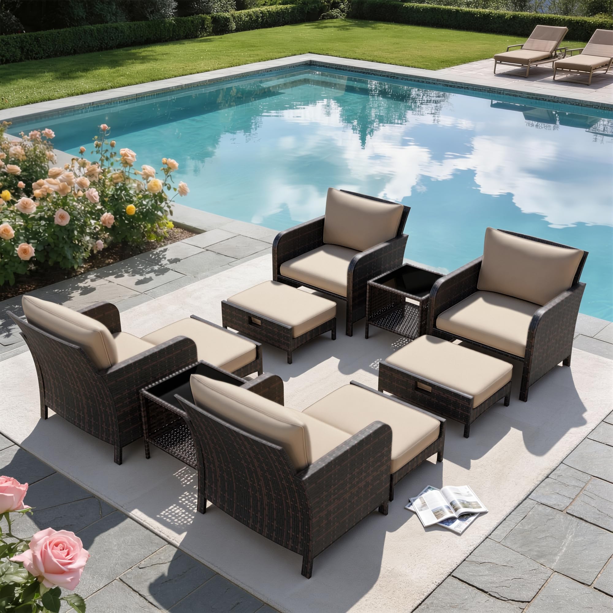 LEVELEVE Patio Conversation Set 5 Piece, Balcony Furniture Outdoor PE Rattan Wicker Lounge Chairs with Soft Cushions, 2 Ottomans & Glass Table for Porch Lawn, Brown (Khaki Cushions — view 9