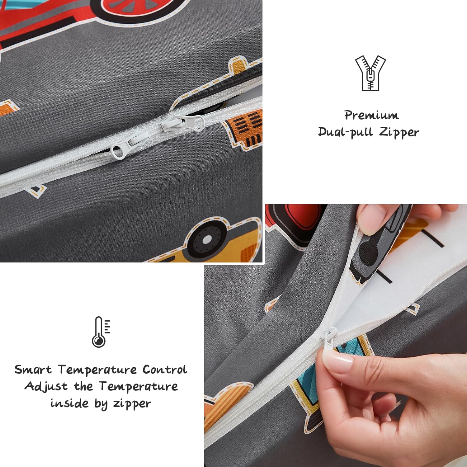 Anibedding 3Pcs Zip Up Bedding Comforter Set for Boys, Grey Vehicle All in One Zipper Twin Bedding Set with Pillowcase for Kids - Image 5