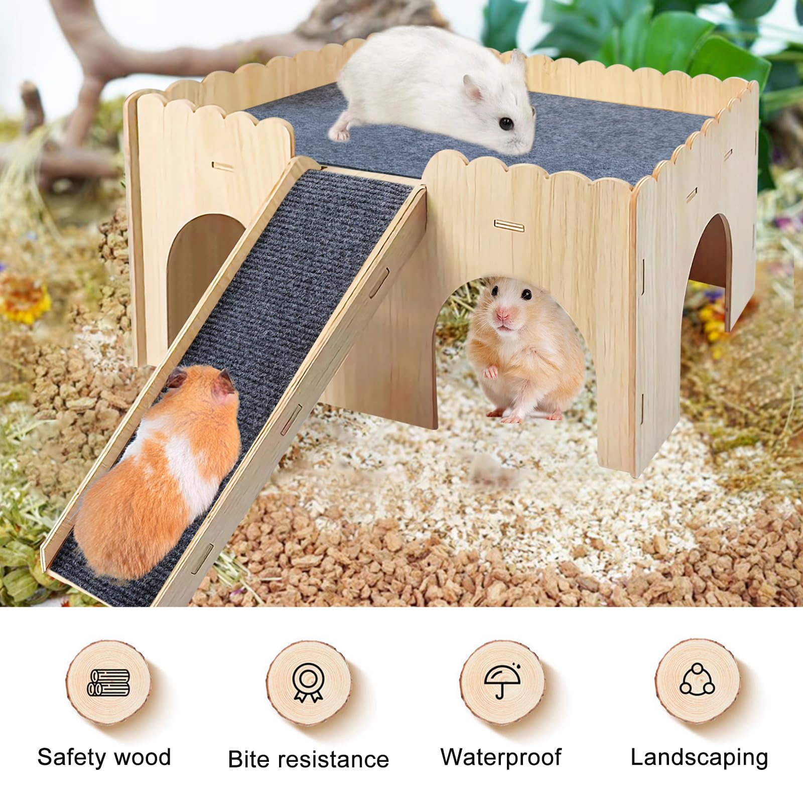 Multipiano cavia nascondiglio, casa di criceto con scale e stuoie, 38*25*18.5cm casa di cavia, castello di porcellini d'India in legno gabbia per criceto cincillà coniglio