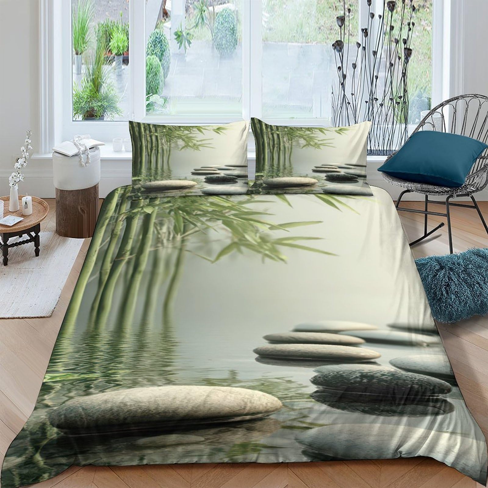 Ctjqhvkz Style-10 3D Printed Bamboo Zen Stones Fitted Sheet Microfiber Soft Green Calm River Bed Cover For Bedroom Decor Mattress Protection Single（135X200cm）