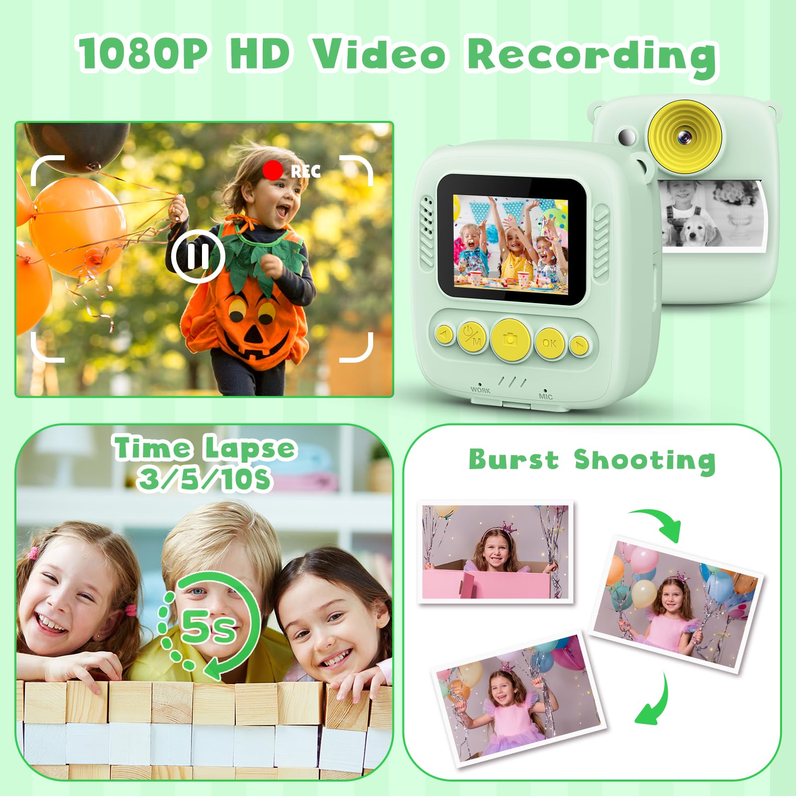 Gofunly Macchina Fotografica Bambini Istantanea, 1080P 2.0 Pollici Fotocamera Digitale Bambini con 32GB Scheda e Carta Fotografica, Regali di Natale Compleanno per 3 4 5 6 7 8 9 10 Ragazze Ragazzida