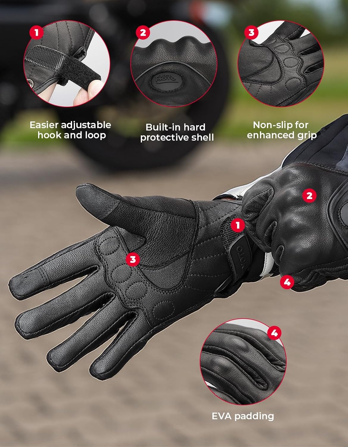 KEMIMOTO Motorcycle Gloves, Leather Motorcycle Riding Gloves for Men and Women, Touchscreen Motorbike Gloves for Motorcross Racing BMX MTB Cycling with Hard Knuckle - Image 4