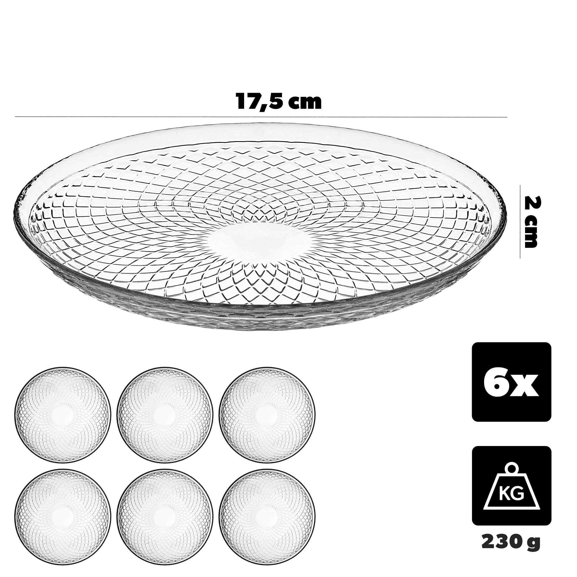 KADAX Glasteller 17.5 cm, 6er Set, Runder Teller aus Klarglas, Servierteller aus Glas, ideal als Kuchenteller, Dessertteller, Speiseteller oder Platzteller
