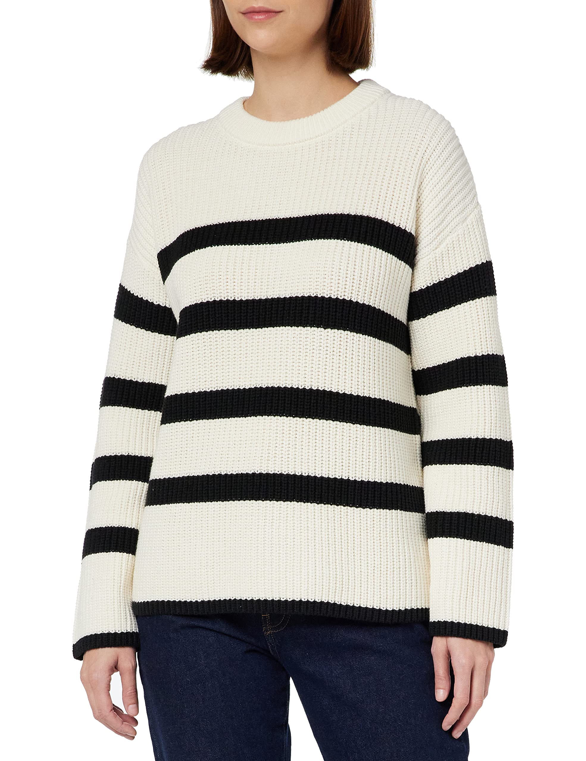 SELECTED FEMME Women's Slfbloomie LS Knit O-Neck B Noos Pullover, Snow White/Stripes: Black, XS