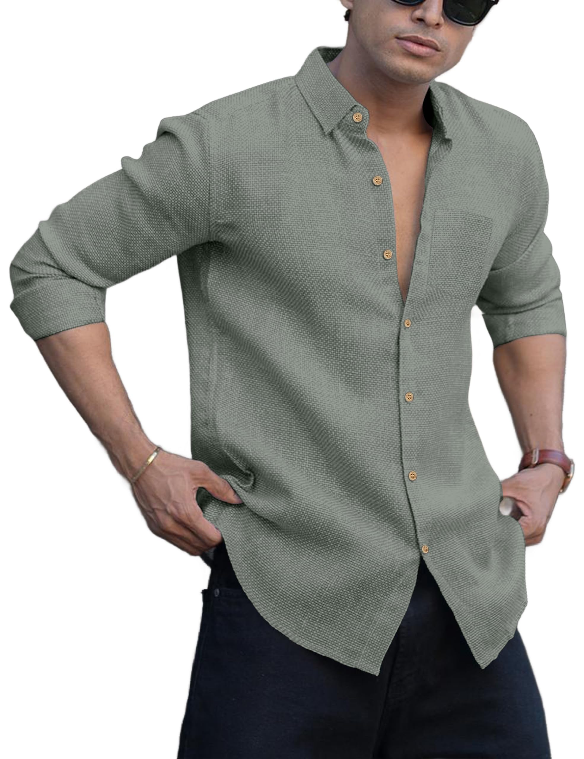NexaFlair Men's Shirt Regular Fit Solid Pattern Linen Cotton with Long Sleeve Collared Neck Standard Length and Button Down Closure Type | Mens Casual Shirts | Man's Formal Shirts