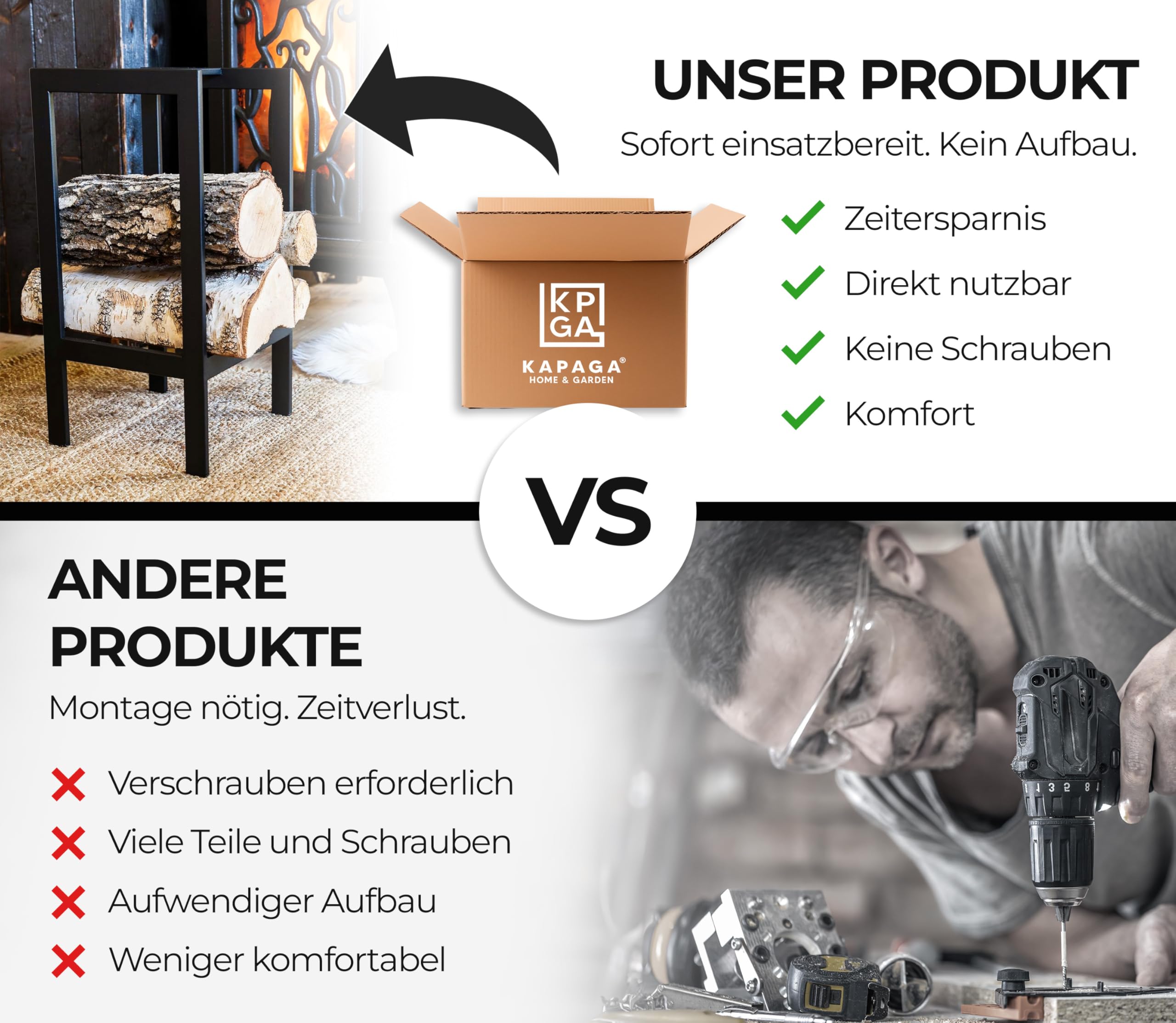 Kapaga Kaminholzregal aus Metall 25x25x70 cm schwarz – vollständig geschweißt ohne Verschraubung und ohne Montage – pulverbeschichtet kratzfest witterungsbeständig – Kaminholzständer innen