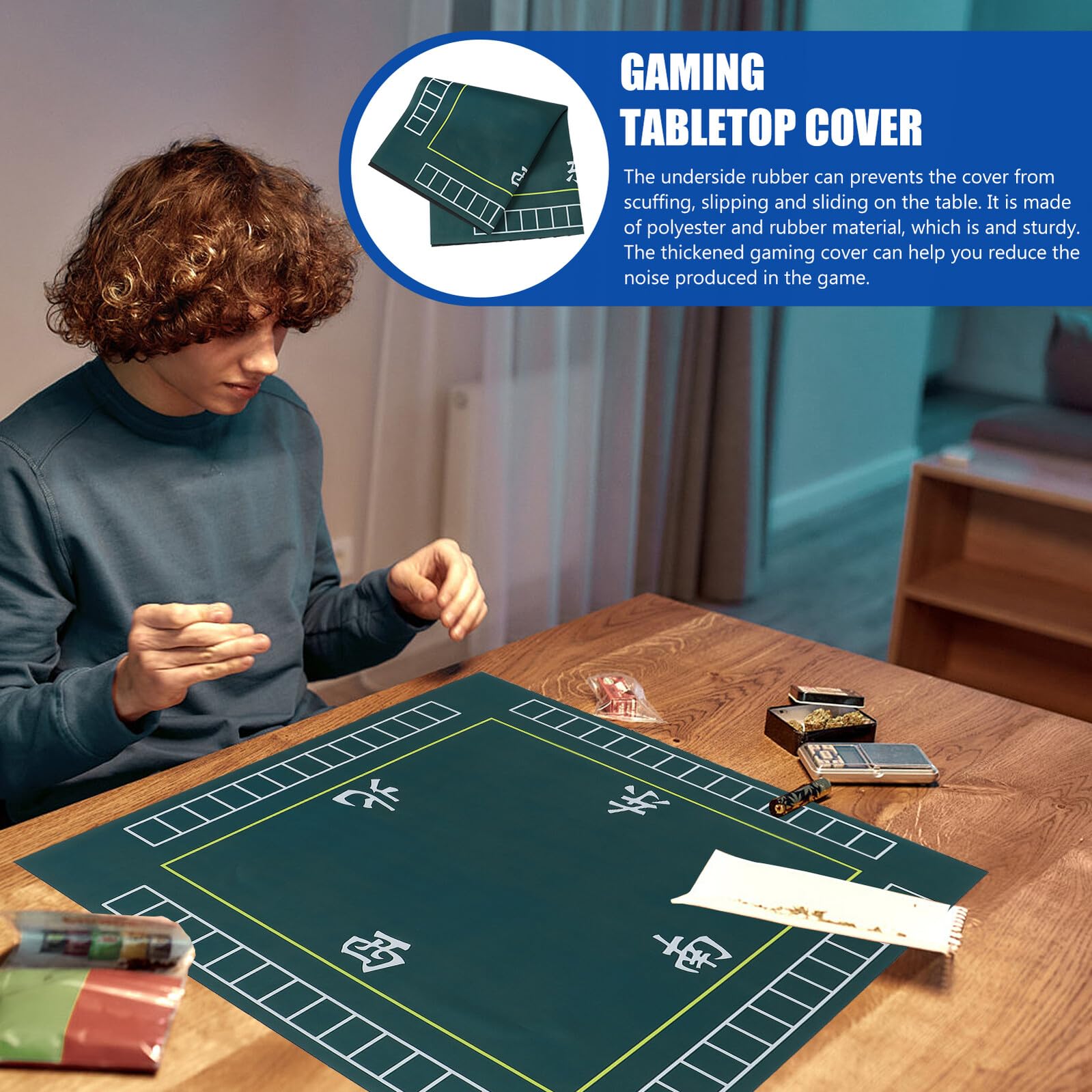 Tappeto da Gioco Mahjong Quadrato Verde, Poliestere e Gomma | Copertura per Chips e Rastrelliere Carte, Protezione Duratura, Riduzione del Rumore, Formato Singolo