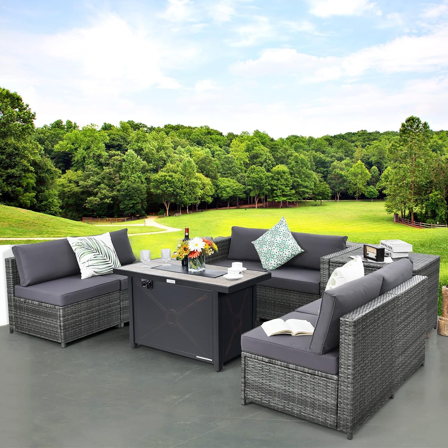 Tangkula 9 Pieces Patio Rattan Furniture Set with 42 Inches Fire Pit Table,Waterproof Covers Includes,Patiojoy Heavy Duty All Weather Wicker Sectional Sofa Set,for Poolside, Backyard