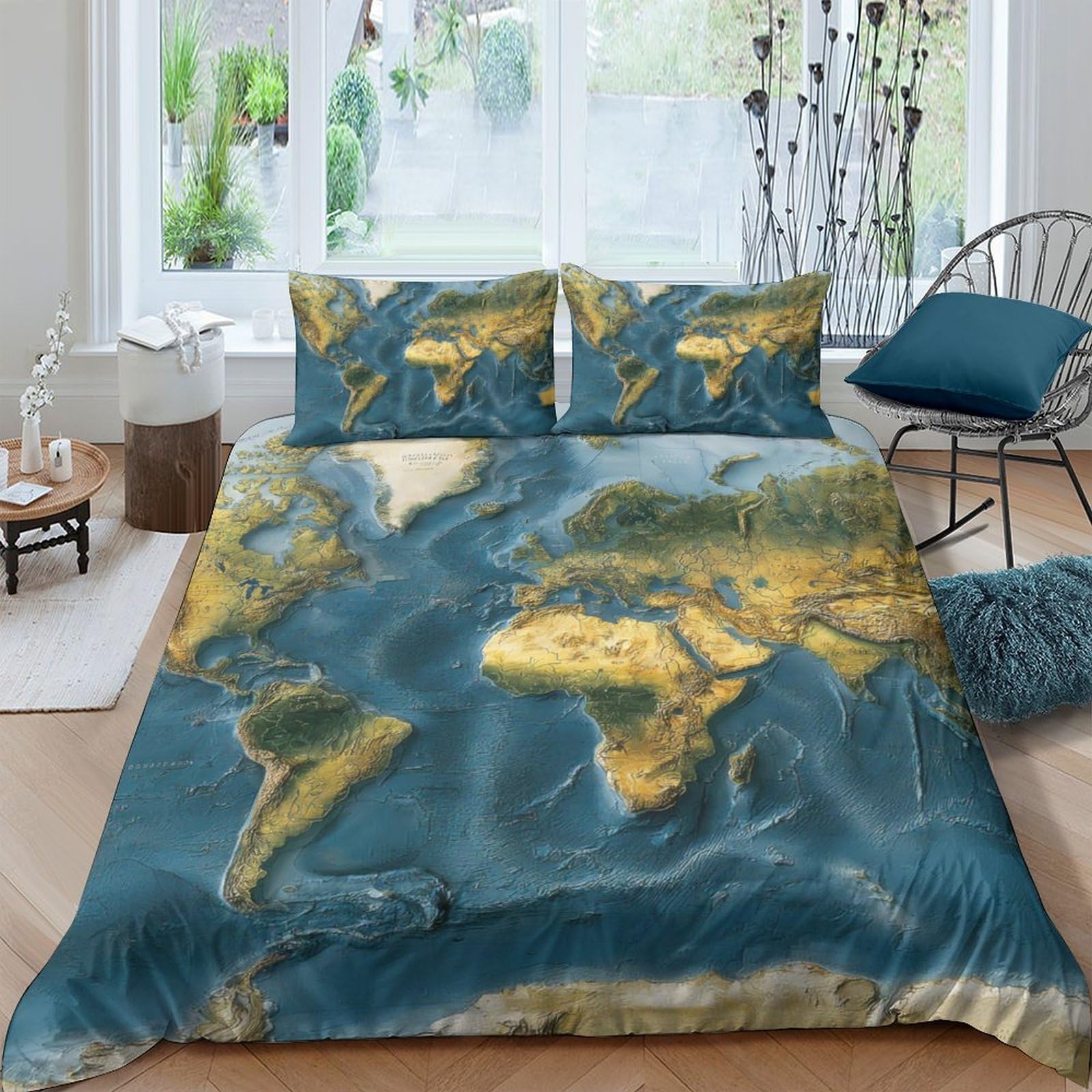 Ctjqhvkz Style-1 3D Printed World Map Fitted Sheet Microfiber Soft Blue Yellow Ocean Art Bed Cover For Bedroom Guestroom Mattress Protection Single（135X200cm）
