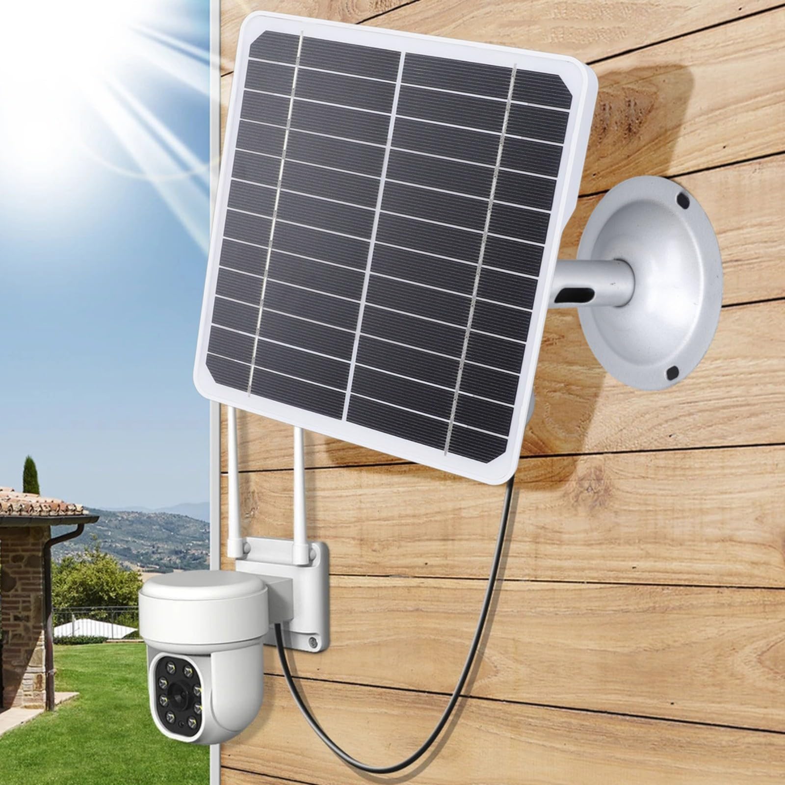Caricatore per pannello solare, 20 W, 5 V, alimentatore fotovoltaico monocristallino, con staffa regolabile a 360°, impermeabile IP66, per telecamera di sicurezza esterna per USB/Type-C e per