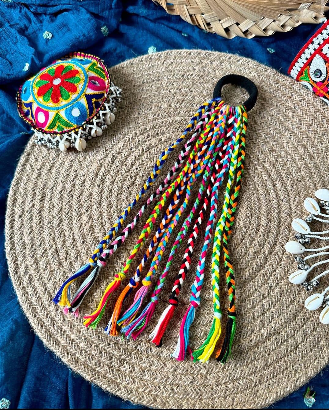 DORMITORRY Colorful Boho Hair Extensions with Cowrie Shells & Beads, Handmade Cotton Thread Braids for Girls & Women, Boho Hair String, Navratri Special, Chotali - 1 Pcs, Multi Design.-image-4