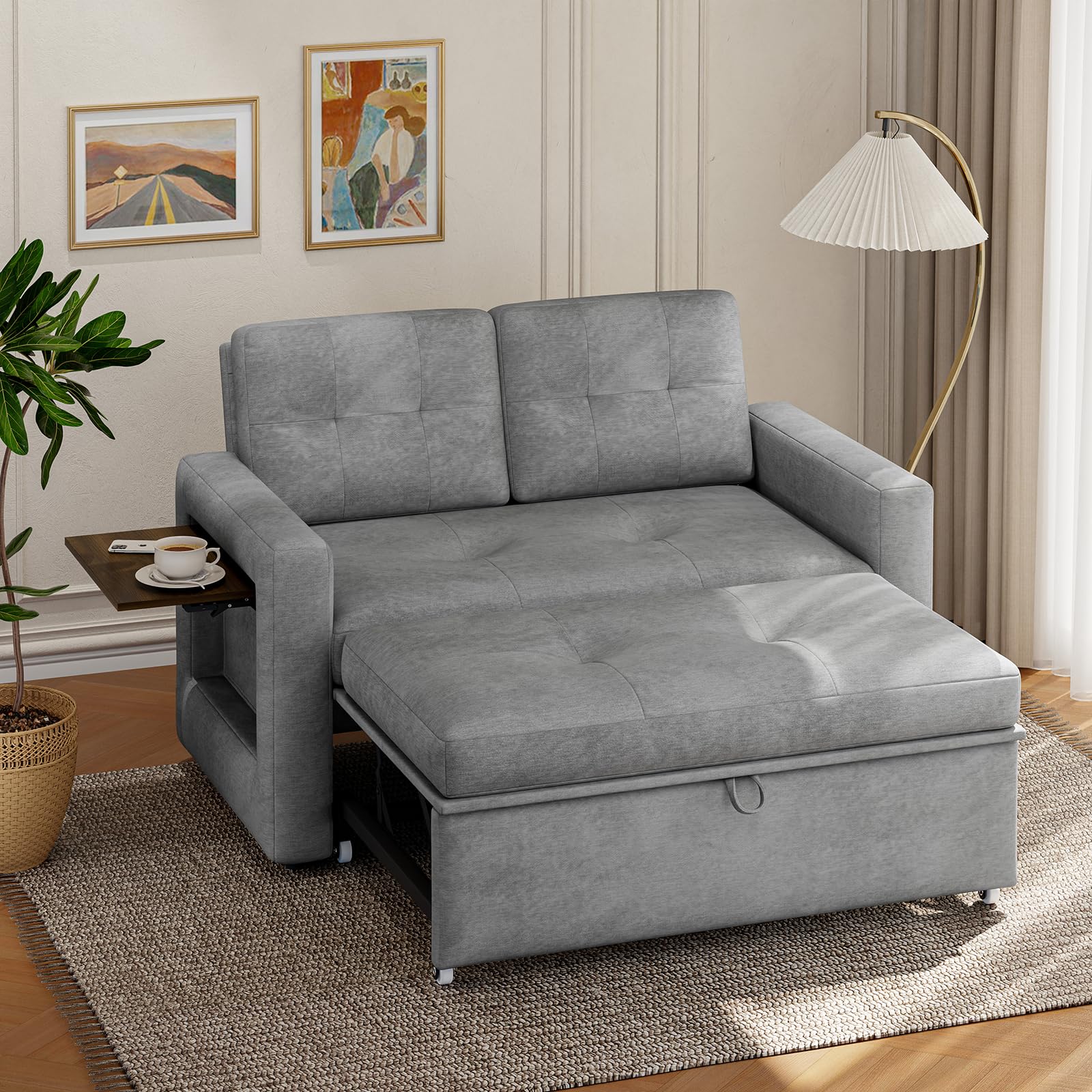 YOUDENOVA Sofa mit Schlaffunktion, Schlafsofa mit 5-stufig Verstellbarer Rückenlehne, Schlafcouch mit Bettfunktion, Couch mit Tisch & Seitentasche, 2 Sitzer Sofa Bed 177x135 cm, Chenille Grau
