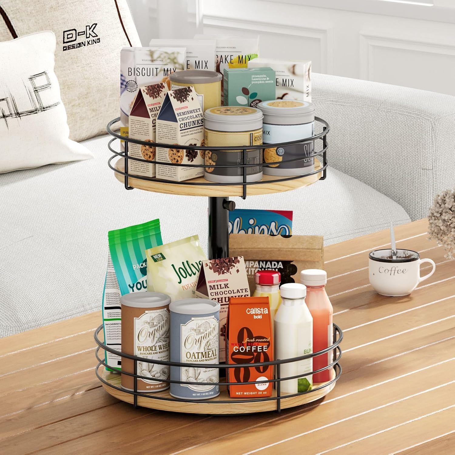 Lazy Susan Spice Rack Organizer Turntable Height Adjustable, 12 Inch Wood Lazy Susan 2 Tier, Rotating Spice Rack Organizer for Cabinet Dining Table Top Kitchen Bathroom Countertop Black