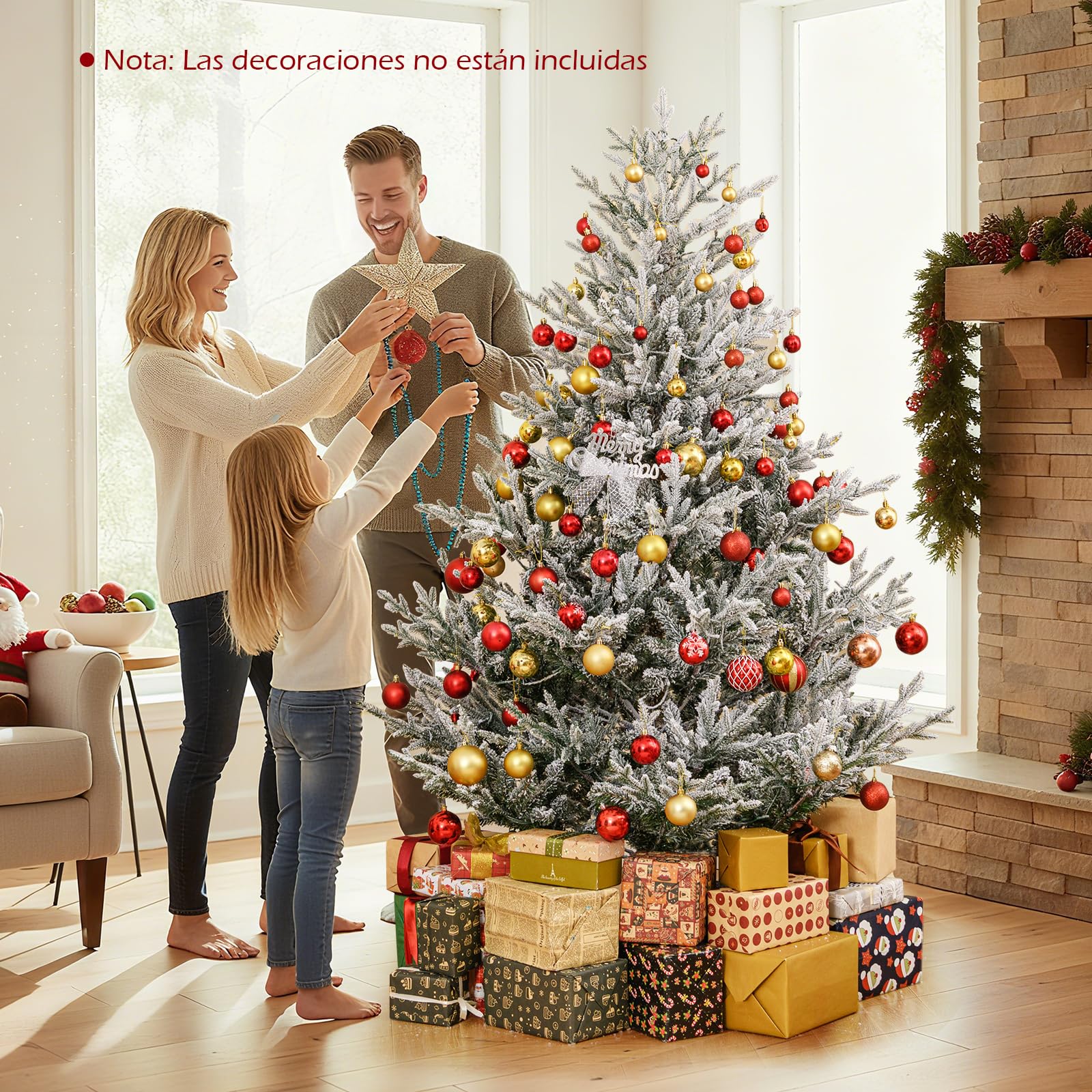 GYMAX Árbol de Navidad Artificial con Luz, 180/210/240cm Árbol Navideño Nevado con 762/1074/1470 Ramitas, 340/450/580 Luces LED Blanco Cálido Regulables, 13 Modos para Fiesta y Hogar (180 cm)