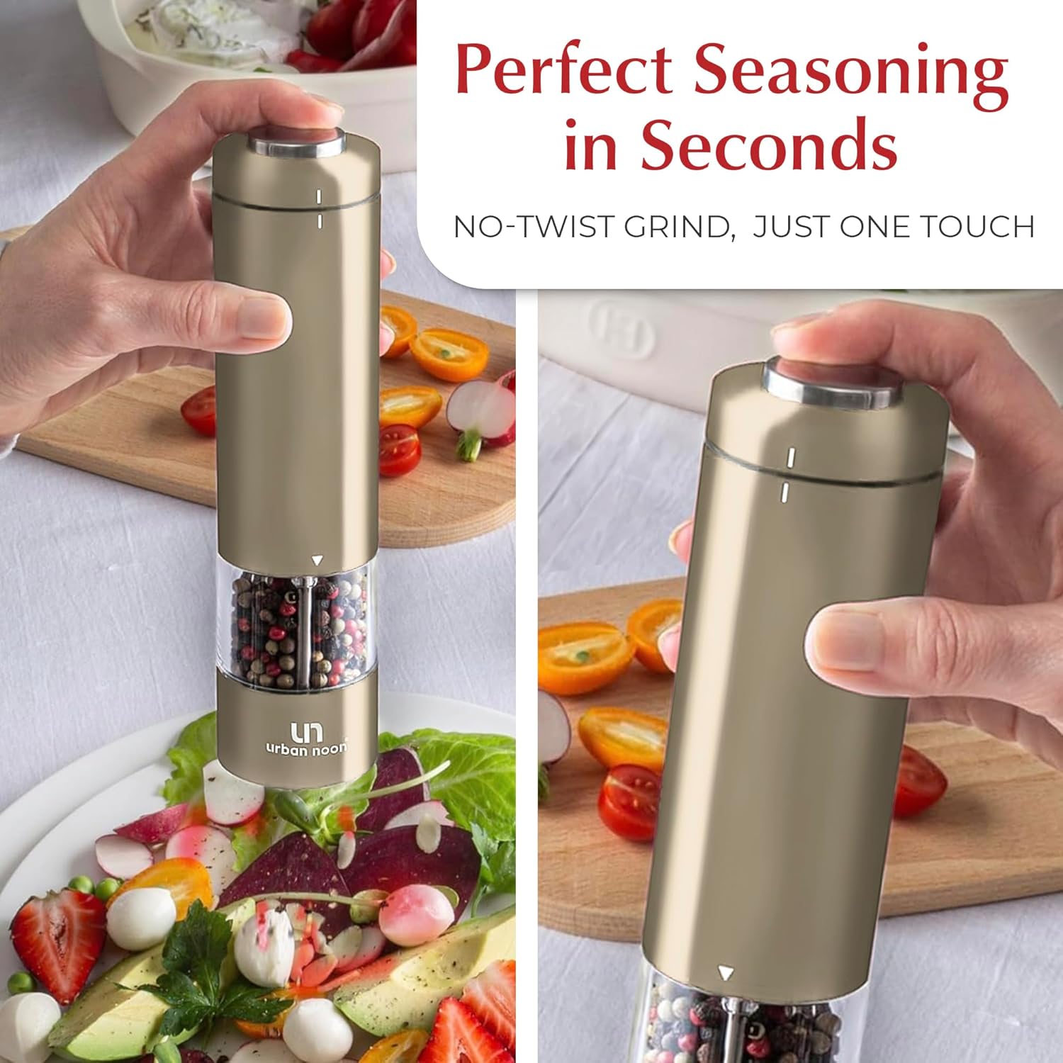 Electric Salt and Pepper Grinder Set - Battery Operated Stainless Steel Mill with Light (2 Mills) - Automatic One Handed Operation - Electronic Adjustable Shakers - Ceramic Grinders Champagne