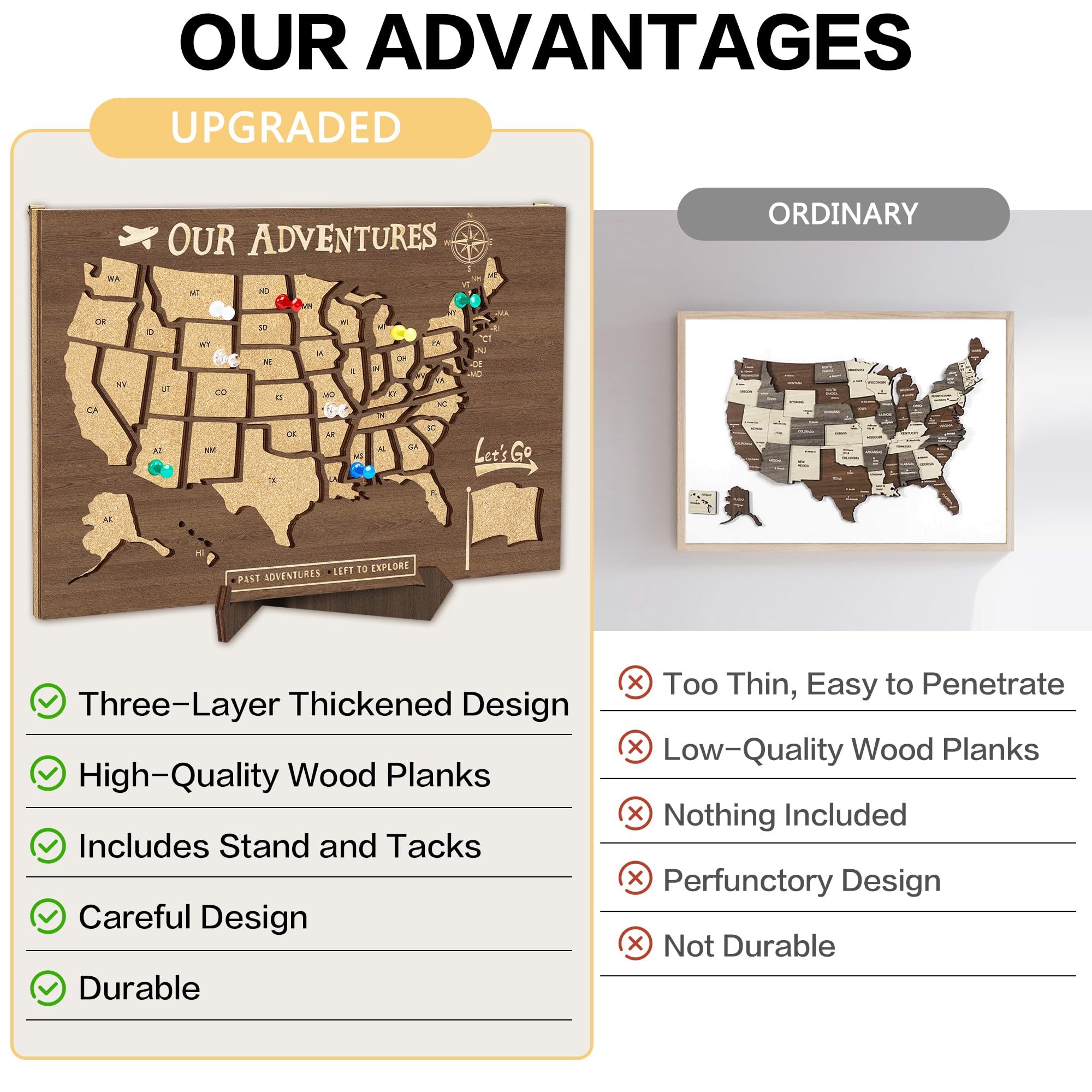 Tablero de corcho con mapa de Estados Unidos, decoración de pared para el aula, rastreador de mapas de Estados Unidos para viajes, mapas de Estados Unidos para viajes, mapas de viaje de Estados Unidos