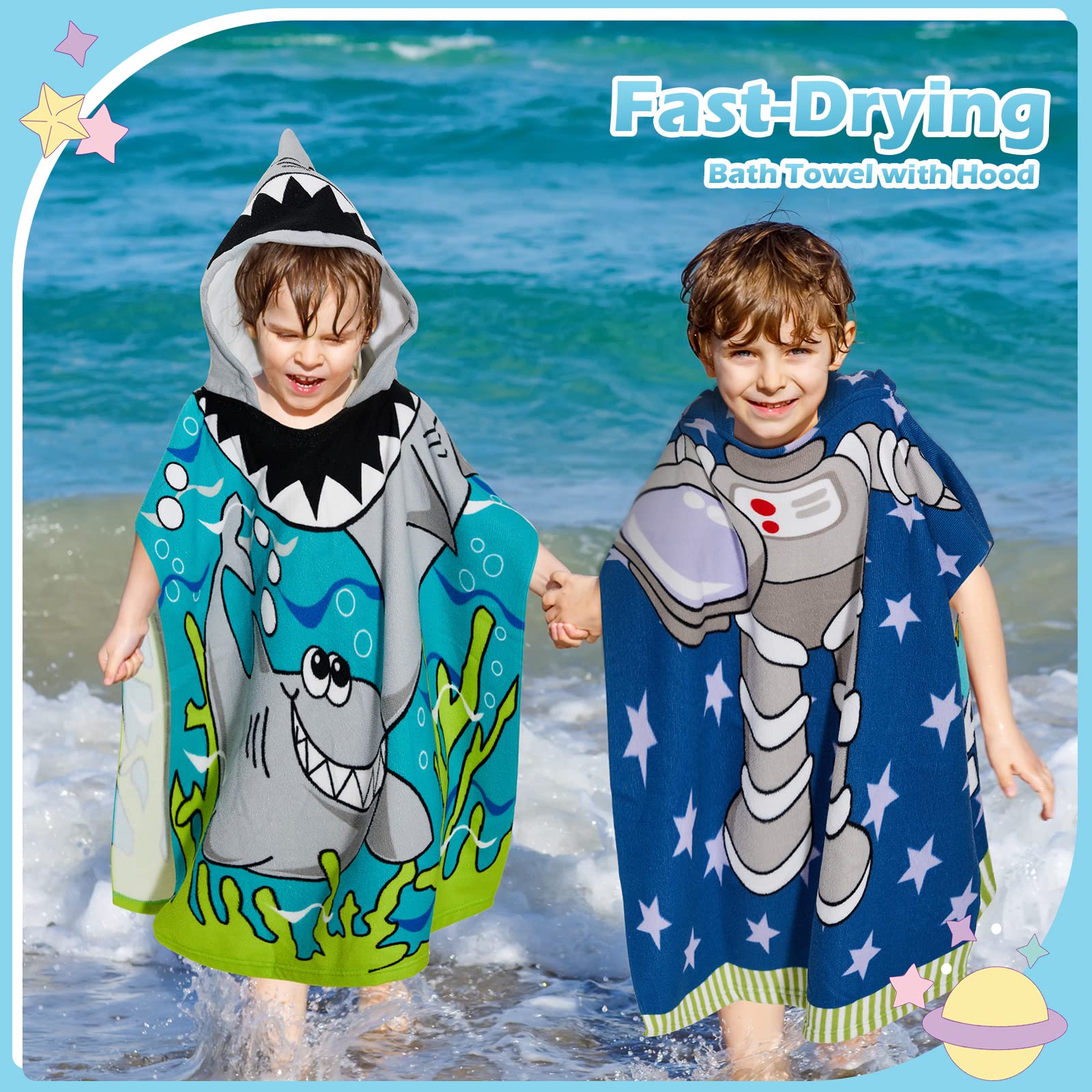 Oudain 6 Stück Kinder-Kapuzenhandtuch mit Kapuze, Mikrofaser, Kinder-Strandtücher, Baby-Pool-Strandtuch für Jungen, Mädchen, Kapuzenhandtuch für Kleinkinder, Poncho-Handtuch (119,9 x 61 cm, lebendiger