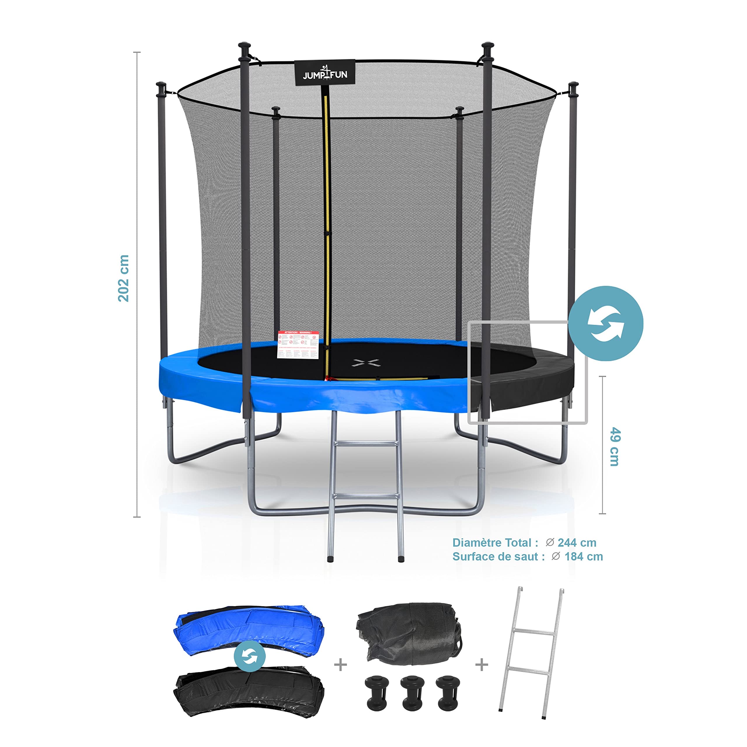 Trampoline extérieur Classique ø 244 cm- 8FT- Filet intérieur, Matelas de Protection réversible et Echelle