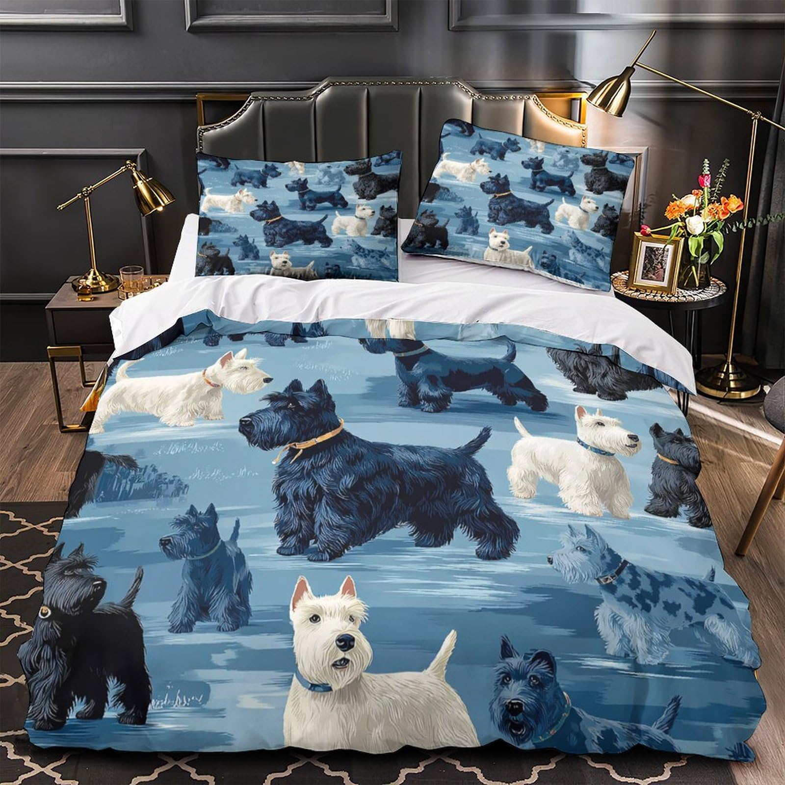 MMDASBVPE Scottish Terrier Dogs Quilt Cover 3D Print Extra Soft 3-Piece Bedding Set Hidden Zipper Duvet Cover Hotel Quality Machine Washable for Adults Women Kids Girls Boys Teens Single（135x200cm）