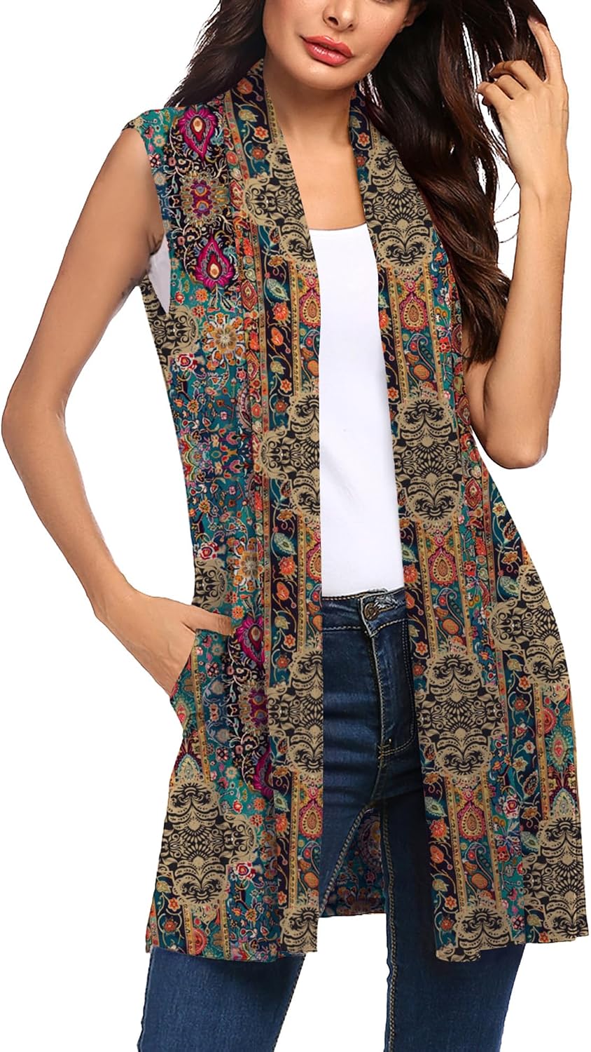 Beyove Womens Long Vests Sleeveless Draped Lightweight Open Front Cardigan Layering Vest with Side Pockets