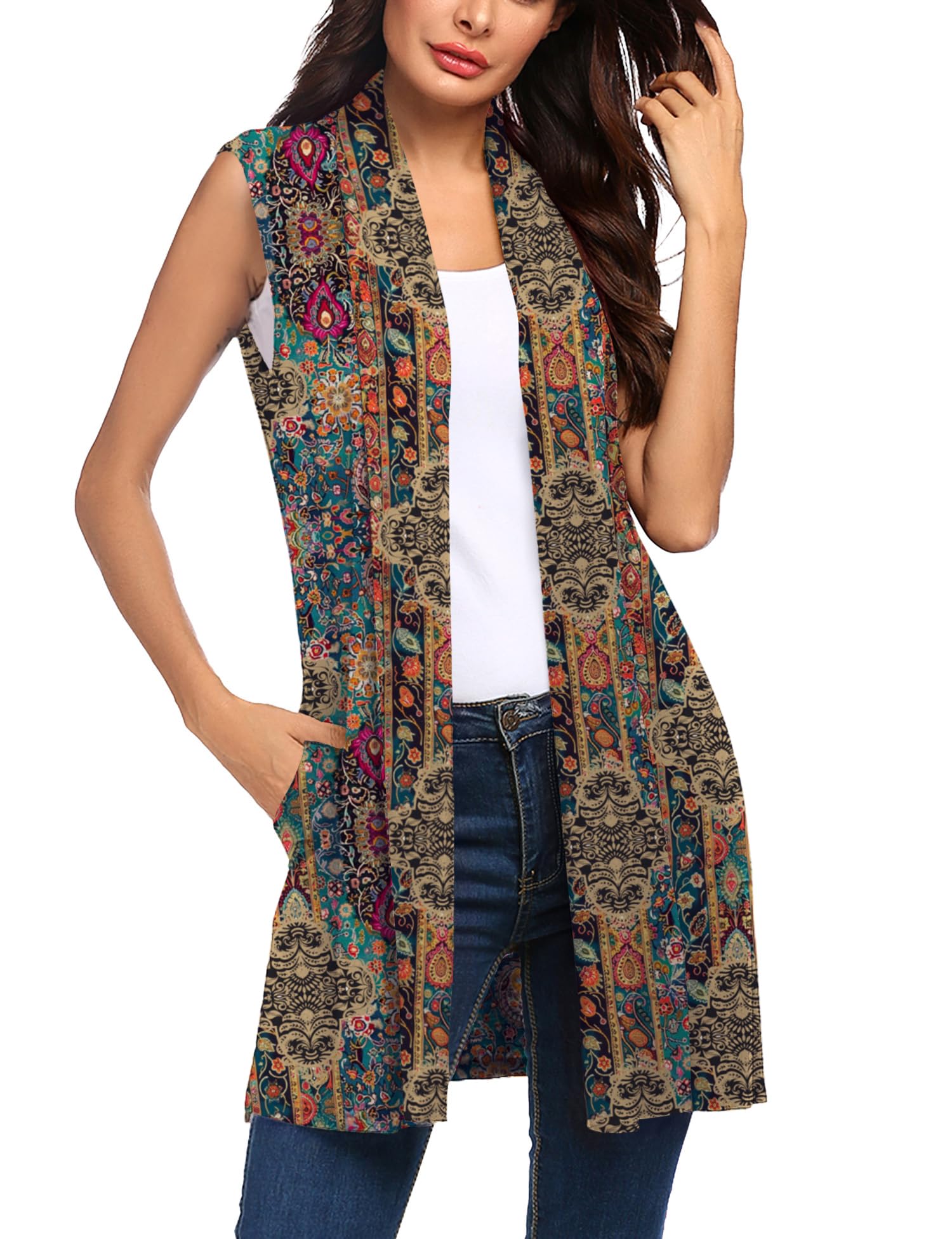 Beyove Womens Long Vests Sleeveless Draped Lightweight Open Front Cardigan Layering Vest with Side Pockets