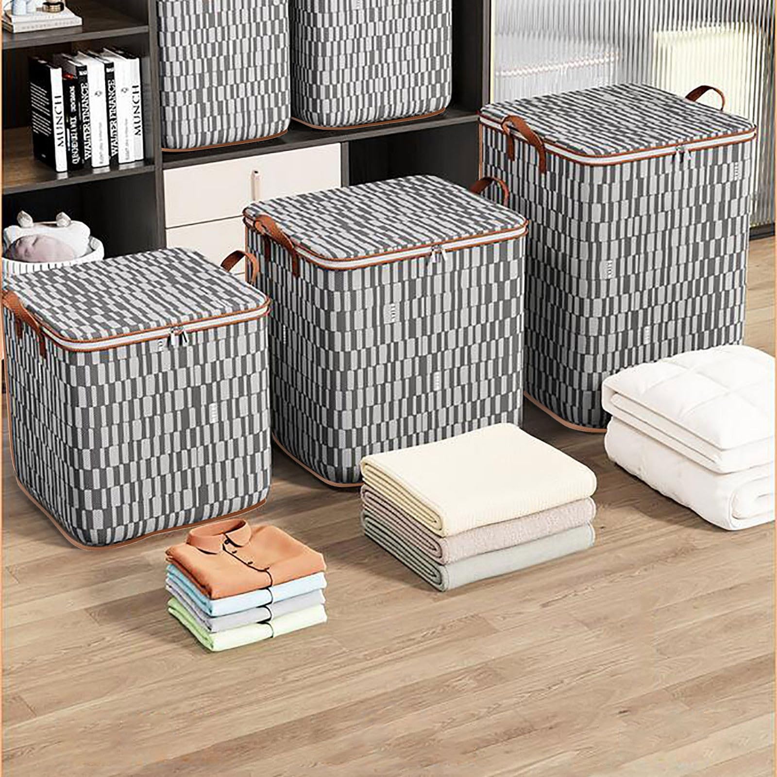 Clothes Storage Bag with Double Zipper - Wardrobe Sorting Storage Box, Portable Clothes Storage Bags Winter Cup Storage Box for Winter Quilt Storage, Foldable Storage Containers for Organizing (M)