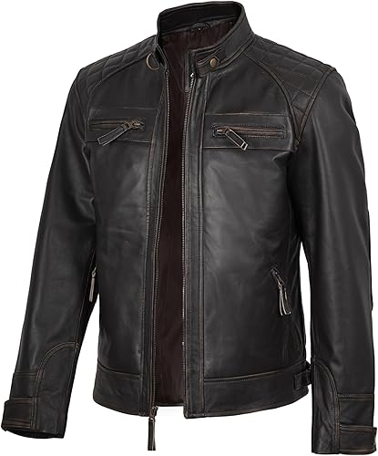 Vista 2 de fjackets Chaquetas de cuero para hombre de piel de cordero real - acolchado Cafe Racer Zip Up Moto Style Chaqueta de cuero para hombre