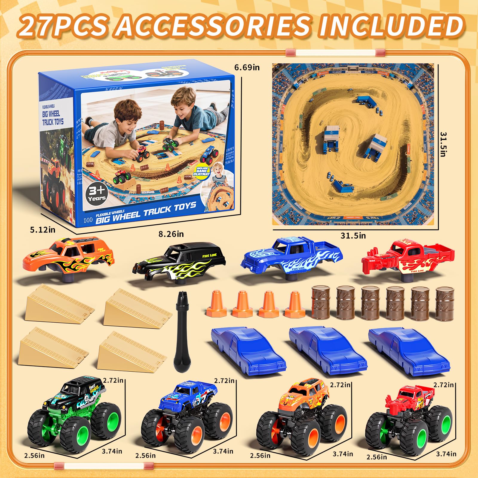 Monster Truck - Set da 27 pezzi con tappetino da gioco, mini camion giocattolo in scala 1:64 con carrozzerie intercambiabili, rampe e barili, gioco da corsa fai da te, regalo di compleanno