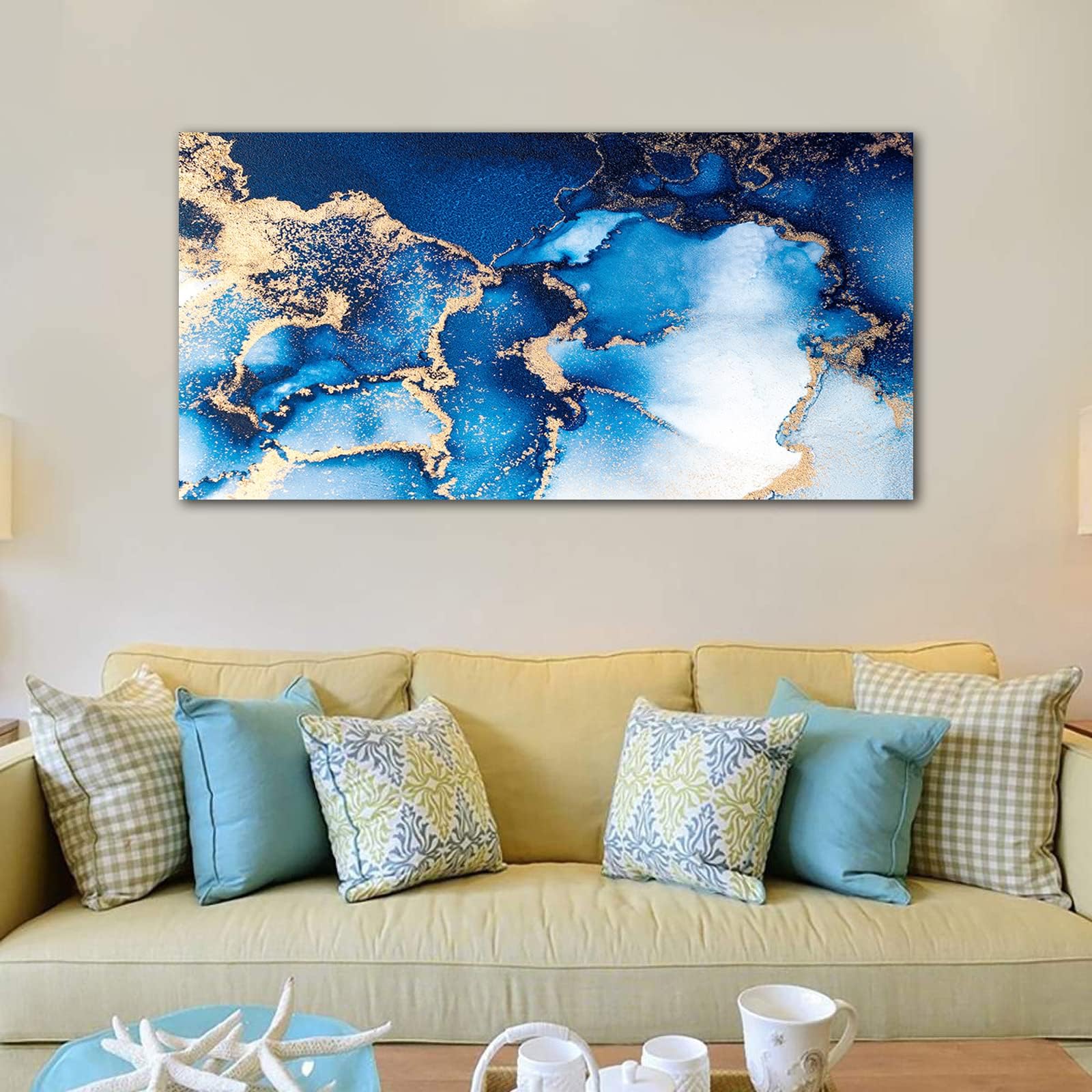 Abstract Blue Gold White Ocean Canvas Wall Art Modern Coastal Sea Pictures Wall Decor Nature Landscape Painting Artwork for Living Room Bedroom Kitchen Office Wall Decoration Ready to Hang 30" x 60"