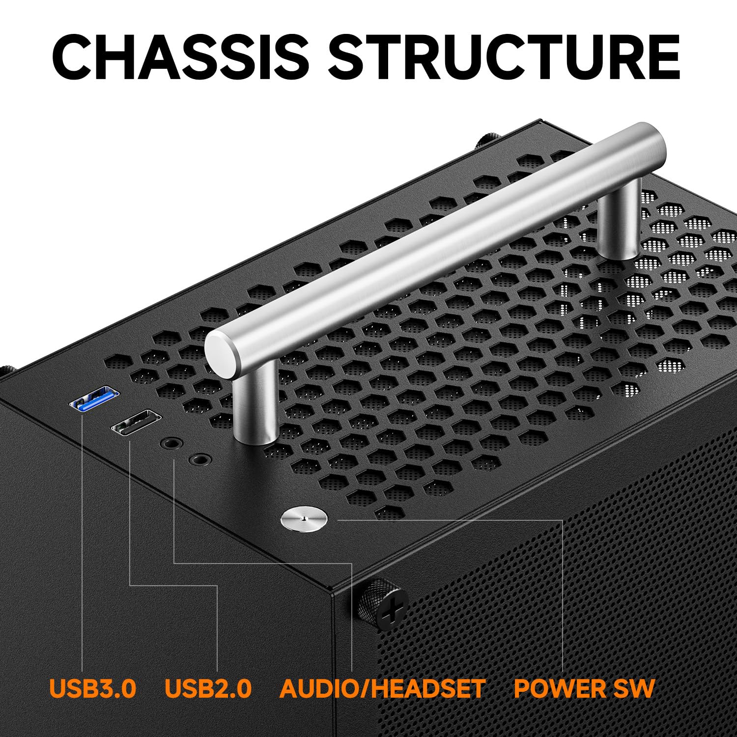 Custodia per PC Mini ITX, supporto SFX SFX-L PSU, raffreddamento CPU 70 mm e GPU 206 mm, custodia portatile per computer con fattore di forma ridotto con manico staccabile, nero