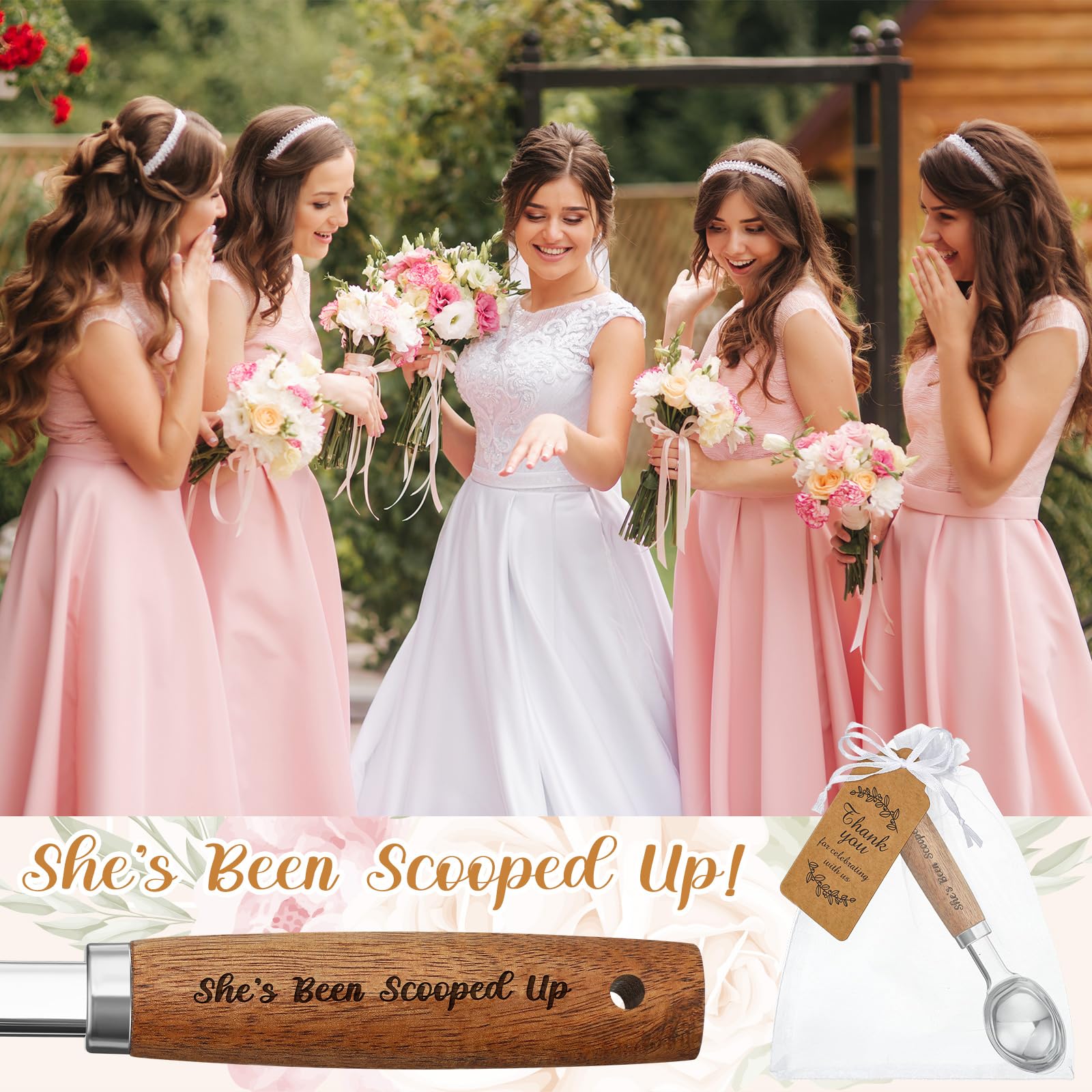 Hushee Juego de 12 cucharas de helado con mango de madera, cuchara de helado de metal con tarjetas, bolsas de organza para bodas, fiestas, decoración de despedida de soltera, regalos de pareja,