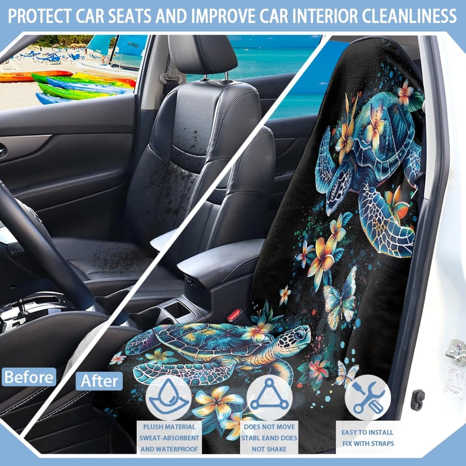 Tuoxiukan Sea Turtle Sweat Towel Car Seat Cover for Post Gym Workout Boho Floral Sweat Carseat Covers Easy to Install Auto Interior Protective Covers
