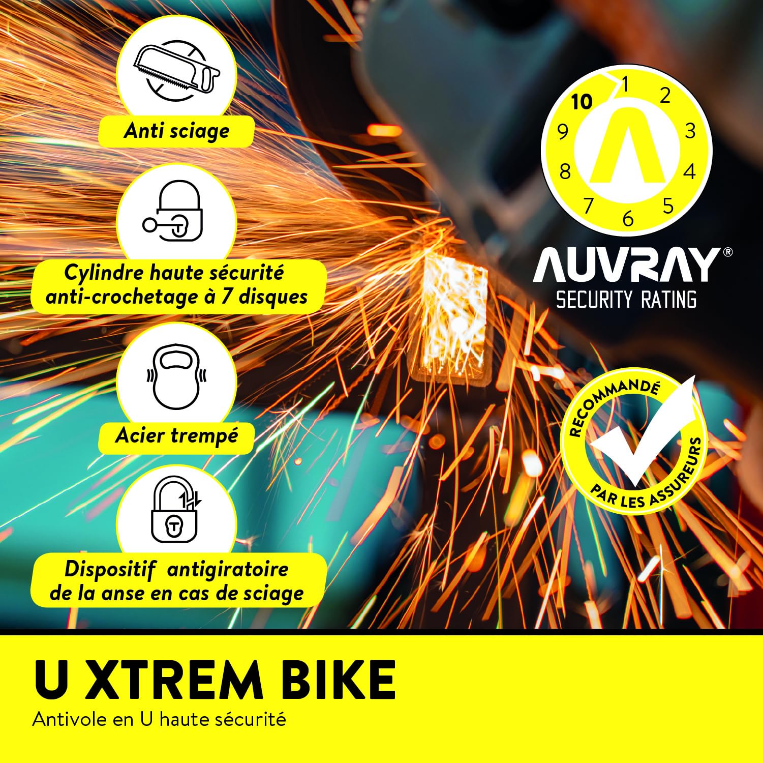AUVRAY Antivol U Moto SRA XTREM Medium 85x250 mm – Haute Sécurité Double Verrouillage – Acier Cémenté 18 mm – Antivol Moto Scooter Homologué Assurance