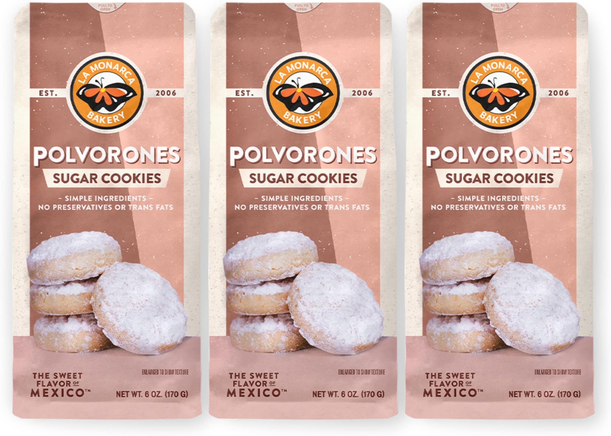 Polvorones Cookies, 6 Ounce (Pack of 3), Vegan Mexican Shortbread Cookies Dusted with Powdered Sugar by La Monarca Bakery