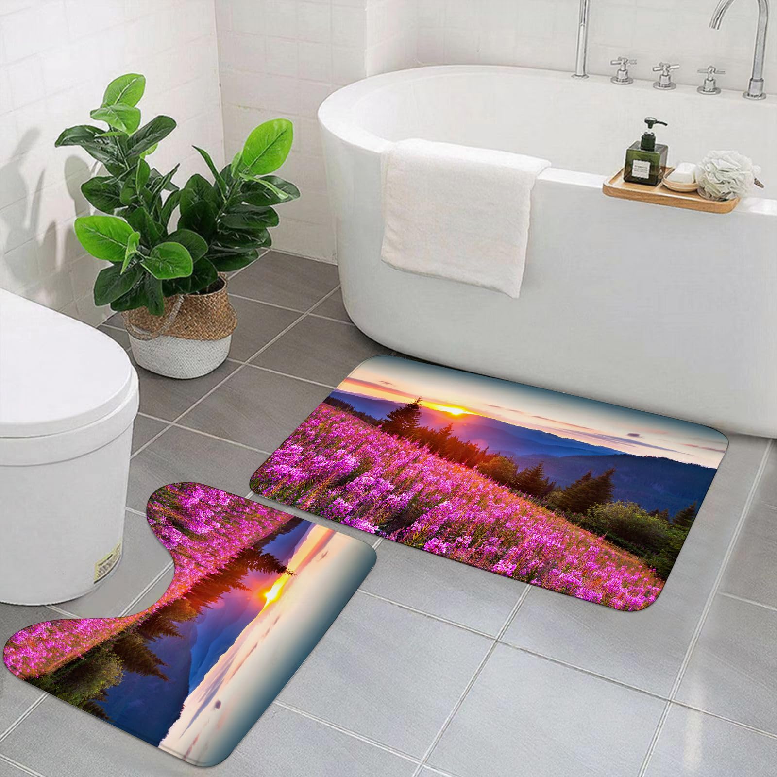 Set di 2 tappetini da Bagno, Lavabili in Lavatrice e Antiscivolo, tappetini Morbidi in Fibra Superfine, Stile Country, idilliaco Paesaggio Primaverile in Montagna con Fiori, Alba r