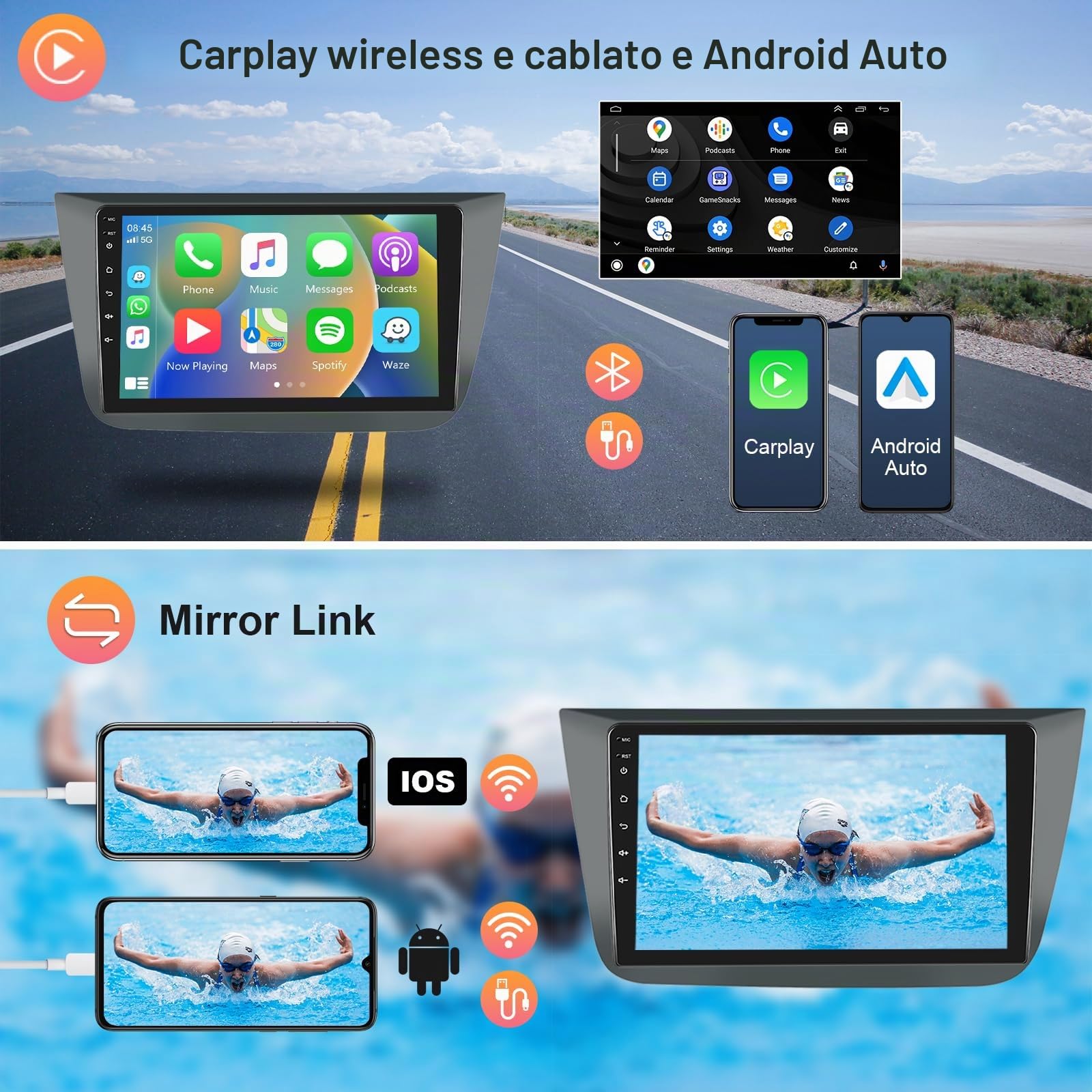 2GB 64GB Android Autoradio per Seat Altea 2004-2015/Toledo 2004-2009 Radio Wireless Carplay Android Auto, Hodozzy 9 Pollici Touch Screen Navigazione GPS, WiFi Bluetooth, FM RDS 2 Din Mit Retrocamera